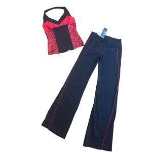 Bebe Sport Vintage Y2K Black Red Leopard Tank and Low Rise Flare Yoga Pants Set
